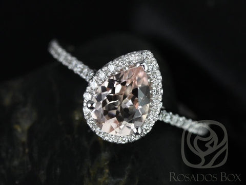 Ready to Ship Tabitha 8x6mm 14kt White Gold Morganite Diamonds Dainty Pave Pear Halo Ring,Morganite Pear Engagement Ring