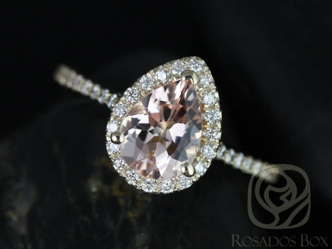 Tabitha 8x6mm 14kt Gold Morganite Diamond Art Deco Pear Halo Ring
