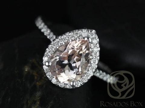 Tabitha 9x7mm 14kt White Gold Morganite Diamonds Dainty Micro Pave Halo Engagement Ring