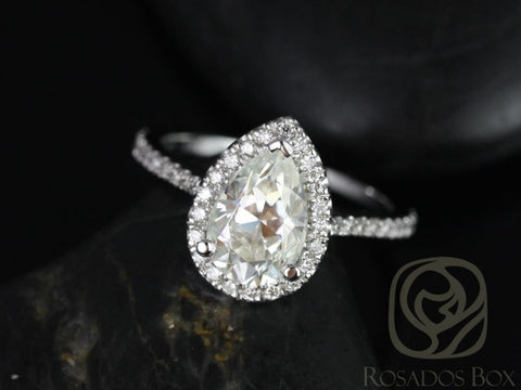 Ready to Ship 1.50cts Tabitha 9x6mm 14kt White Gold Moissanite Diamonds Dainty Micro Pave Pear Halo Engagement Ring