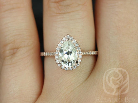 1.50cts Tabitha 9x6mm 14kt Rose Gold Forever One Moissanite Diamonds Dainty Micro Pave Pear Halo Engagement Ring
