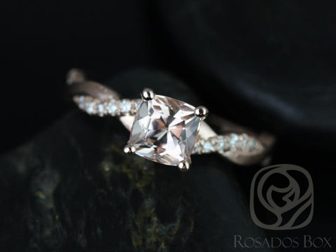 Tressa 6mm 14kt Rose Gold Cushion Morganite Diamond Dainty Twisted Vine Unique Engagement Ring