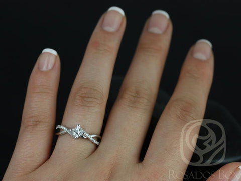 Valentina 4mm 14kt White Gold Princess White Topaz and Diamonds Twist Engagement Ring