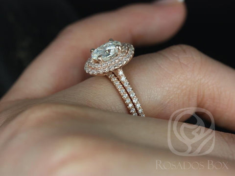 1.50ct Cara 8x6mm 14kt Rose Gold Forever One Moissanite Diamonds Pave Double Dainty Oval Halo Bridal Set