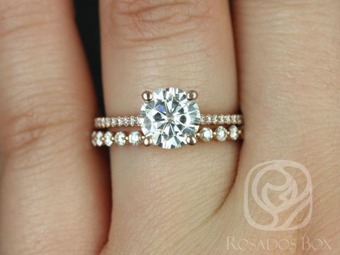 1.50ct Eloise 7.5mm & Petite Naomi 14kt Rose Gold Forever One Moissanite Diamond Dainty Round Solitaire Accent Bridal Set