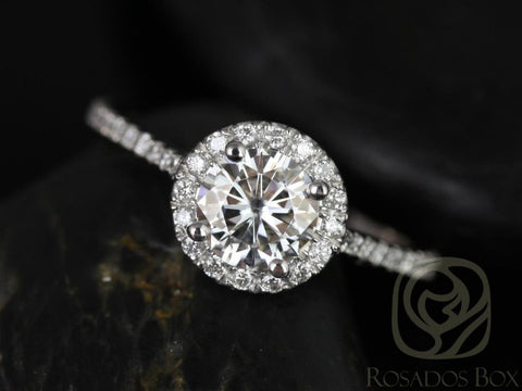 Rosados Box Ready to Ship Kubian 6mm 14kt White Gold Round Moissanite Diamonds Dainty Pave Halo Engagement Ring