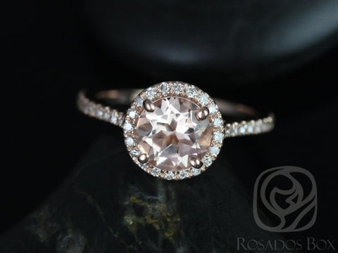 Ready to Ship Kubian 7mm 14kt Rose Gold Morganite Diamond Dainty Pave Round Halo Engagement Ring,Minimalist Halo Ring,Gift For Her