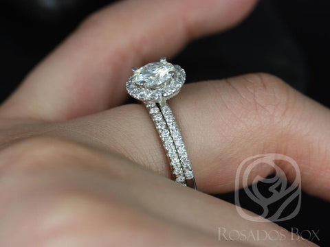 1ct Callie 6.5mm 14kt White Gold Forever One Moissanite Diamonds Minimalist Pave Round Halo Bridal Set,Halo Wedding Ring