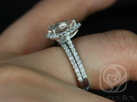 Tabitha 9x7mm 14kt White Gold Morganite Diamonds Thin Micro Pave Pear Halo Classic Bridal Set