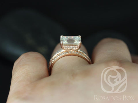 Rosados Box Becca 9x7mm 14kt Rose Gold Emerald Forever One Moissanite Diamonds Accent Classic Wedding Set Rings