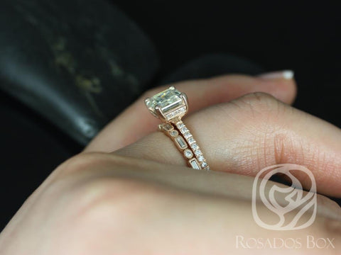 Becca 9x7mm & Ivanna 14kt Rose Gold Emerald Forever One Moissanite Diamonds Bridal Set