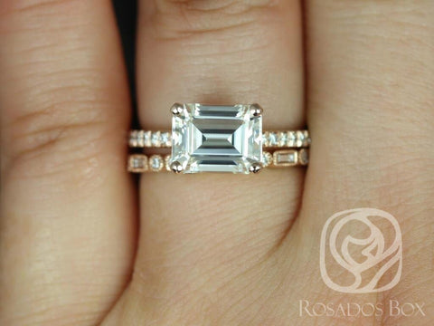 Becca 9x7mm & Ivanna 14kt Rose Gold Emerald Forever One Moissanite Diamonds Bridal Set