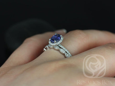 Federella 7x5mm & Christie 14kt White Gold Blue Sapphire Diamonds Art Deco Scalloped Oval Halo Bridal Set