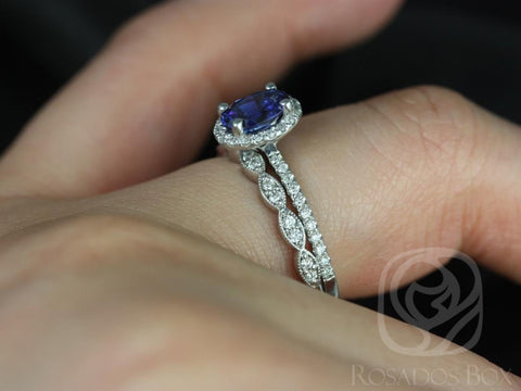 Federella 7x5mm & Christie 14kt White Gold Blue Sapphire Diamonds Art Deco Scalloped Oval Halo Bridal Set