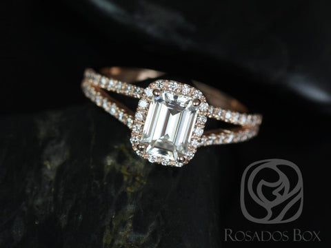 SALE Rosados Box Ready to Ship Yessi 7x5mm 14kt YELLOW Gold Emerald FB Moissanite and Diamonds Split Band Halo Engagement Ring