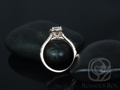 Rosados Box Ready to Ship Yessi 7x5mm 14kt Rose Gold Emerald Forever One GHI Moissanite and Diamonds Split Band Halo Engagement Ring