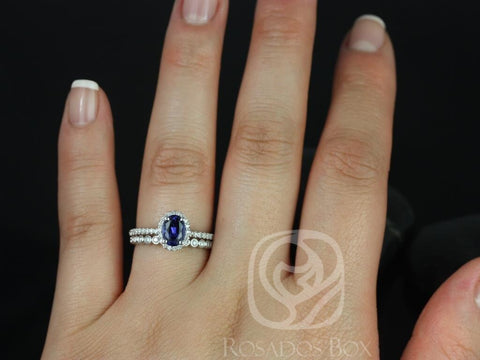 7x5mm Oval Blue Sapphire Diamonds Vintage Scalloped Halo Bridal Set,14kt White Gold,Federella 7x5mm & Petite Bubbles