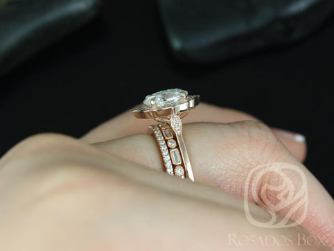 2ct Mae 9x7mm-Ivanna,-Pernella 14kt Rose Gold Forever One Moissanite Diamond Art Deco Unique Oval Halo TRIO Bridal Set
