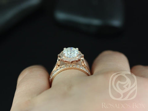 2ct Mae 9x7mm-Gwen-Pernella 14kt Moissanite Diamond Art Deco TRIO Oval Bridal Set,Unique Halo Ring,Oval Engagement Ring,Anniversary Ring