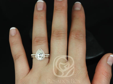 2ct Toni 10x7mm & Christie 14kt Rose Gold Moissanite Diamonds Art Deco Milgrain Pear Halo Bridal Set