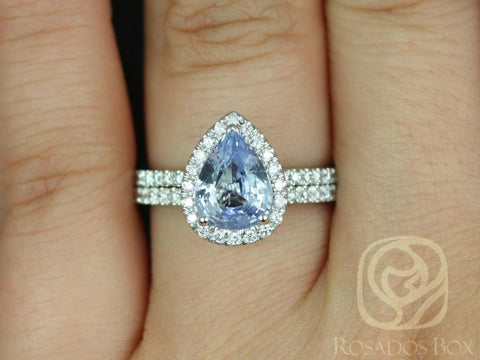 2.04ct Ready to Ship Toni 14kt White Gold Pear Icy Blue Sapphire Diamonds Dainty Pave Pear Halo Classic Bridal Set