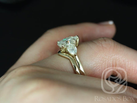 SALE 2ct Kasey 10x7mm 14kt Gold Pear 3 Stone FB Moissanite Bridal Set,Wedding Ring,Anniversary Gift