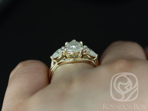 SALE 2ct Kasey 10x7mm 14kt Gold Pear 3 Stone FB Moissanite Bridal Set,Wedding Ring,Anniversary Gift