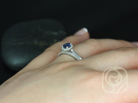 0.52ct Ready to Ship Amerie & Amanda 14k White Gold Blue Sapphire Diamond Pave Dainty Round Halo Bridal Set