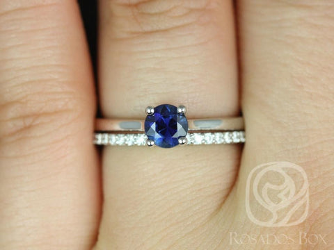 0.79ct Ready to Ship Skinny Flora & Marcelle Blue Sapphire Diamonds Dainty Cathedral Solitaire Round Bridal Set