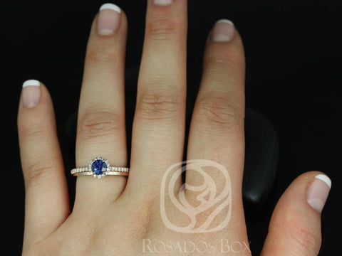 0.63ct Ready to Ship Amanda & Plain Barra 14k Rose Gold Blue Sapphire Diamond Pave Round Halo Bridal Set