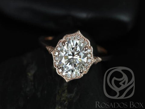 2ct Mae 9x7mm 14kt Rose Gold Moissanite Diamond WITH Milgrain Oval Halo Ring