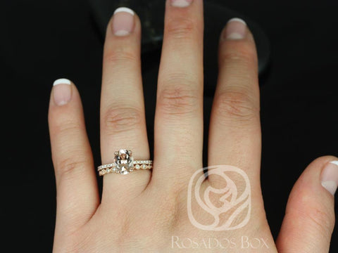 Rosados Box Hillary 9x7mm & Ultra Petite Bead Eye 14kt Rose Gold Oval Morganite Diamond Halo Bridal Set