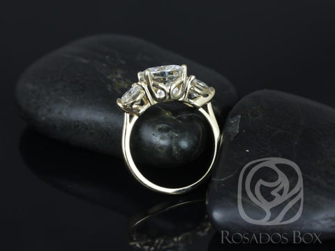 2.70ct Carla 9&6mm 14kt Gold Moissanite Diamond 3 Stone Dainty Minimalist Unique Round Engagement Ring