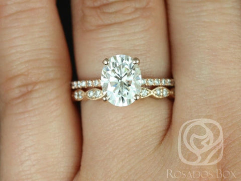 2ct Hillary 9x7mm & Christie 14kt Rose Gold Moissanite Diamond Art Deco Bridal Set,Oval Wedding Rings,Oval Solitaire Diamond Ring