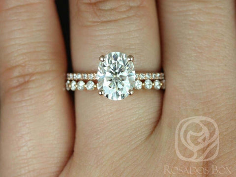 2ct Hillary 9x7mm & Naomi 14kt Rose Gold Oval Moissanite Diamond Dainty Pave Oval Solitaire Bridal Set