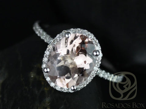 Jessica 10x8 mm 14kt White Gold Oval Morganite and Diamonds Halo Engagement Ring