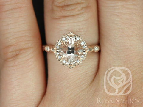 Rosados Box Ready to Ship Lucille 7mm 14kt WHITE Gold Cushion Morganite and Diamond Kite Halo WITH Milgrain Engagement Ring
