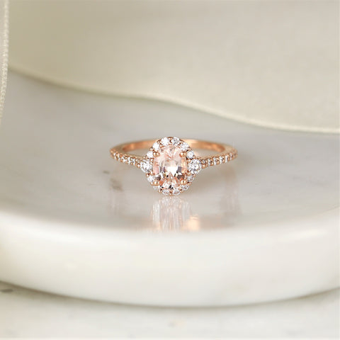 1.29cts Ready to Ship Bridgette 14kt Rose Gold Oval Peach Sapphire Diamonds 3 Stone Oval Halo Ring