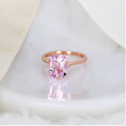 3.77ct Extra Low Roux 14kt Rose Gold Pink Spinel Compass Set Emerald Solitaire Ring