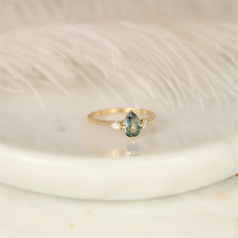 0.85ct Ready to Ship Evette 14kt Solid Gold Chameleon Teal Sapphire Diamond 3 Stone Pear Ring